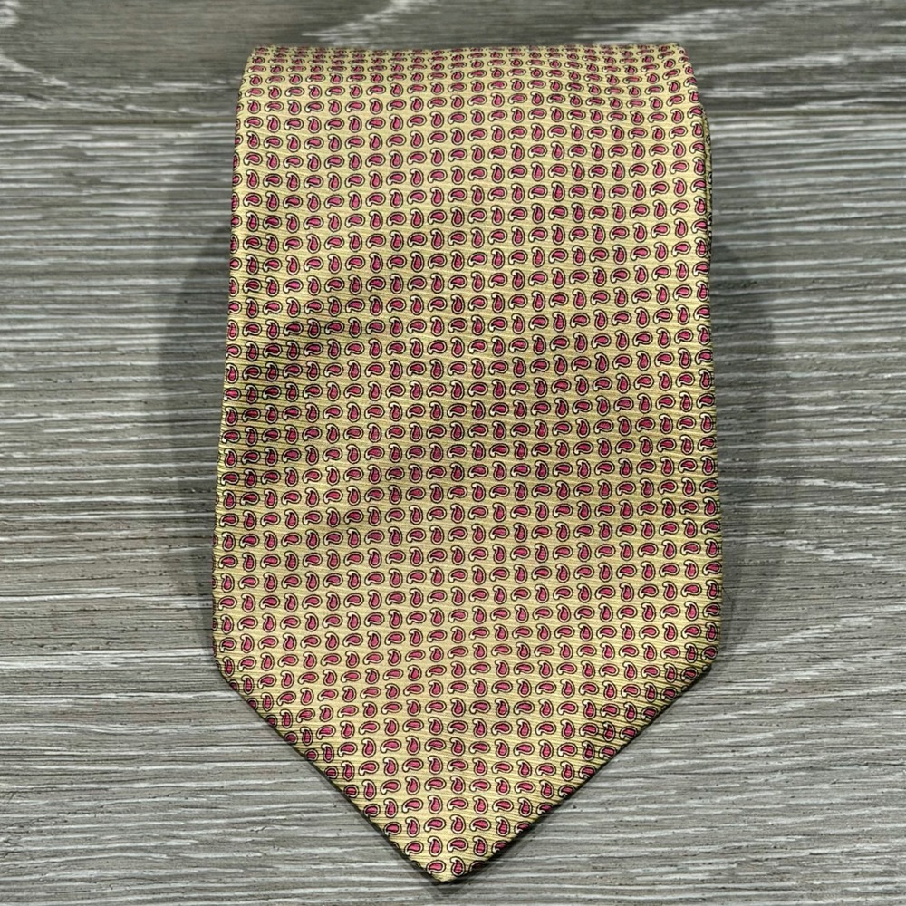 Vtg Brooks Brothers Makers Silk Tie Gold Red Micro Paisley Hand Made USA Italy